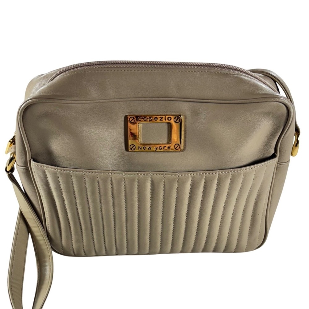 Vintage Capezio Bags 1980s Beige Leather Crossbody Shoulder Bag Purse Gold